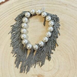 Lisa Freede Charm Dangle Pearl Bracelet Signed chain stretch Statement High End